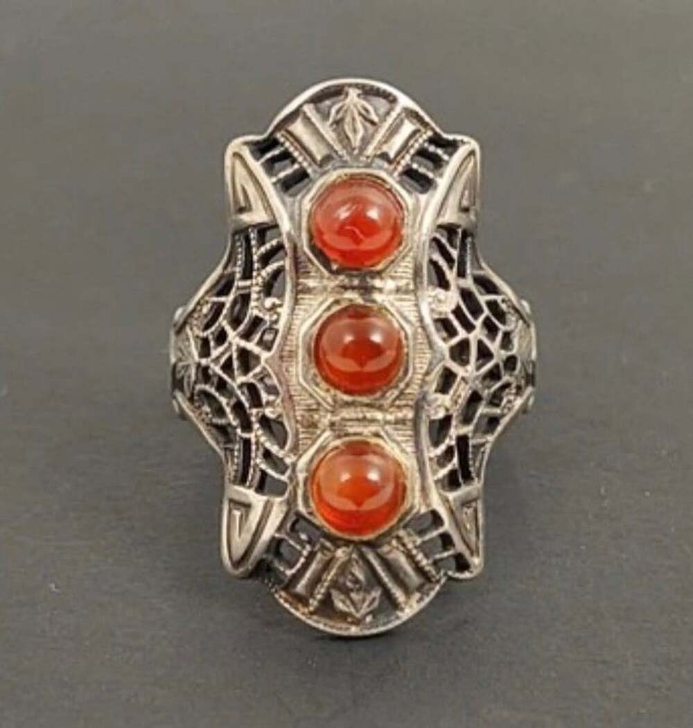 Antique Art Deco Sterling Silver Filigree 3-Stone Carnelian Glass Ring Size 6